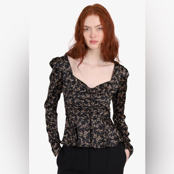 Jonathan Simkhai Women’s Black micro Floral Sweetheart Peplum Blouse blouse in S - Picture 1 of 9